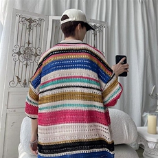 日系复古镂空针织条纹翻领POLO衫短袖夏季小众设计感情侣男女T恤，男装T恤，星座410-7