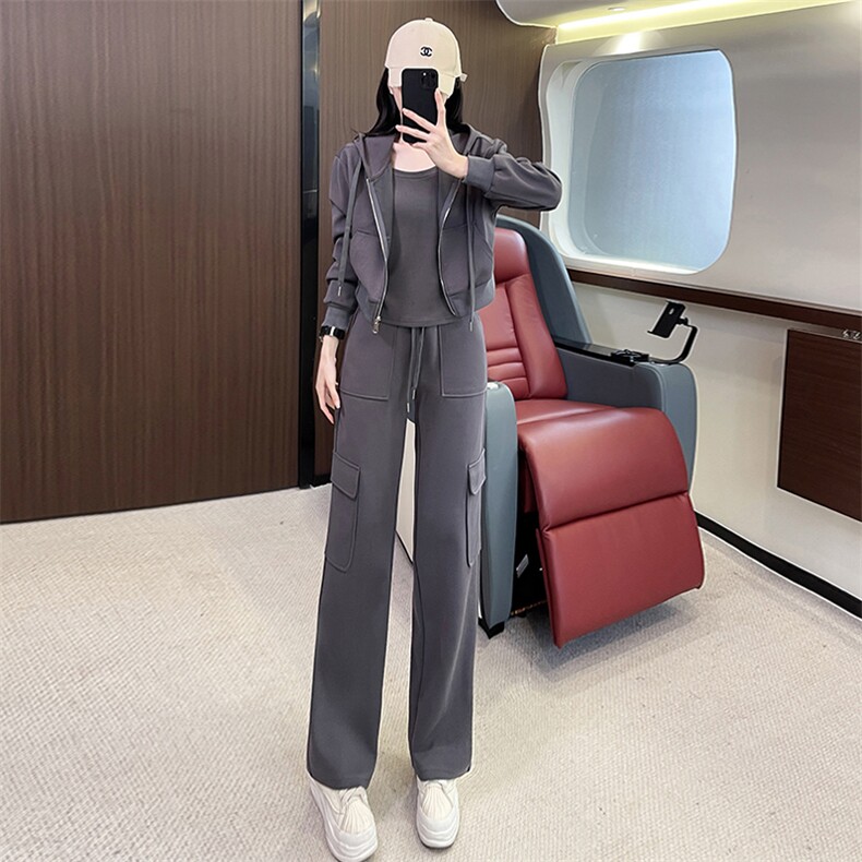 女秋时尚长袖圆领打底衣连帽外套阔腿裤三件套,女装套装/套裙,江南