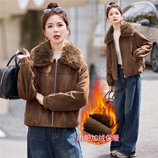 毛绒翻领加绒加厚鹿皮绒外套女2025秋冬新款洋气时尚百搭棉服上衣，女装棉衣/棉服，悦祺
