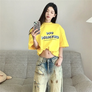 黄色重磅t恤男女同款美式正肩纯棉垫肩短袖阔肩半袖T恤T2459-P45图片