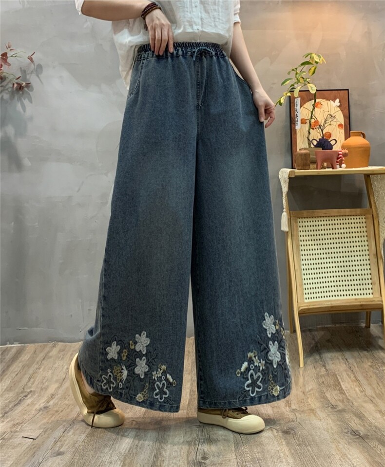 刺绣牛仔阔腿裤百搭时尚简约,女装休闲裤,湘姗