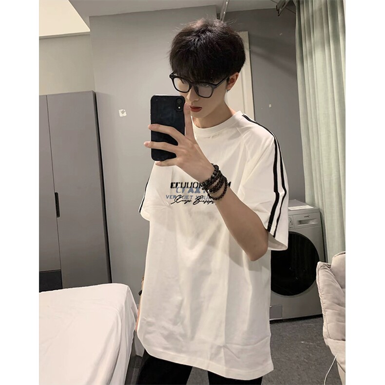 抖音得物高品质二开240克宽松纯棉美式潮牌三条杠织带短袖T恤，男装T恤，电商A486