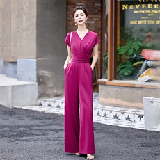 【喜妙】2025气质高级感通勤短袖收腰绑带修身紫色连衣裙女D1305，女装连体裤，布芭啦