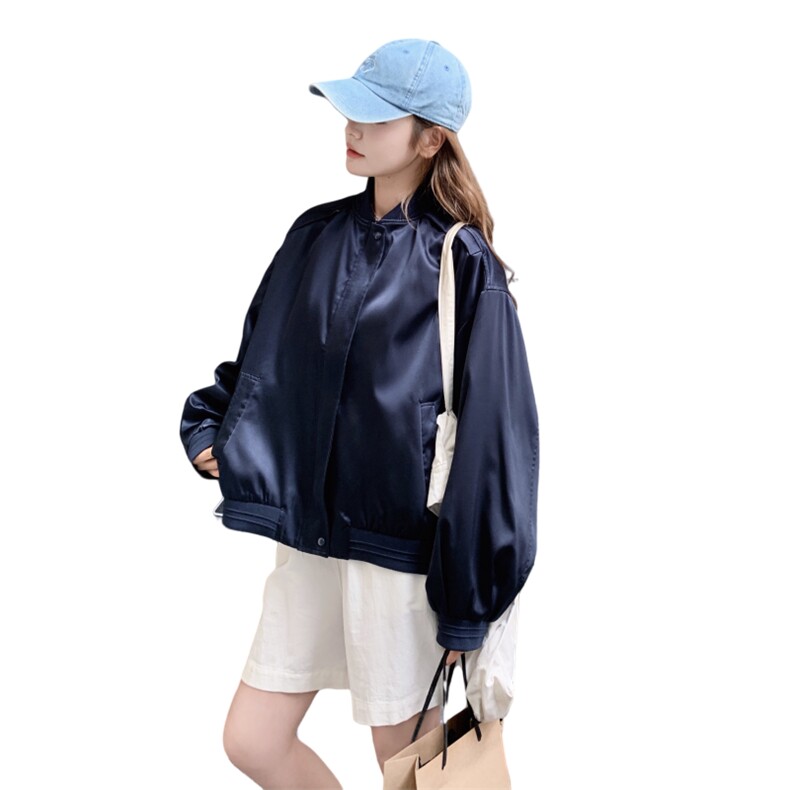 韩系学院风棒球服外套女2025秋季新款洋气宽松休闲短款藏青色夹克,女装短外套,2C258