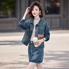 2024秋装新款时尚潮流女装牛仔套装显瘦百搭气质两件套裙子外套，女装套装/套裙，浪花E族（衣布洛）