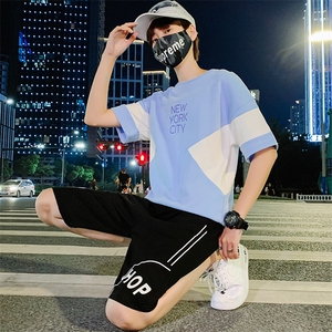 夏季新款潮牌运动休闲两件套短裤青少年短袖T恤套装男 TZ255图片