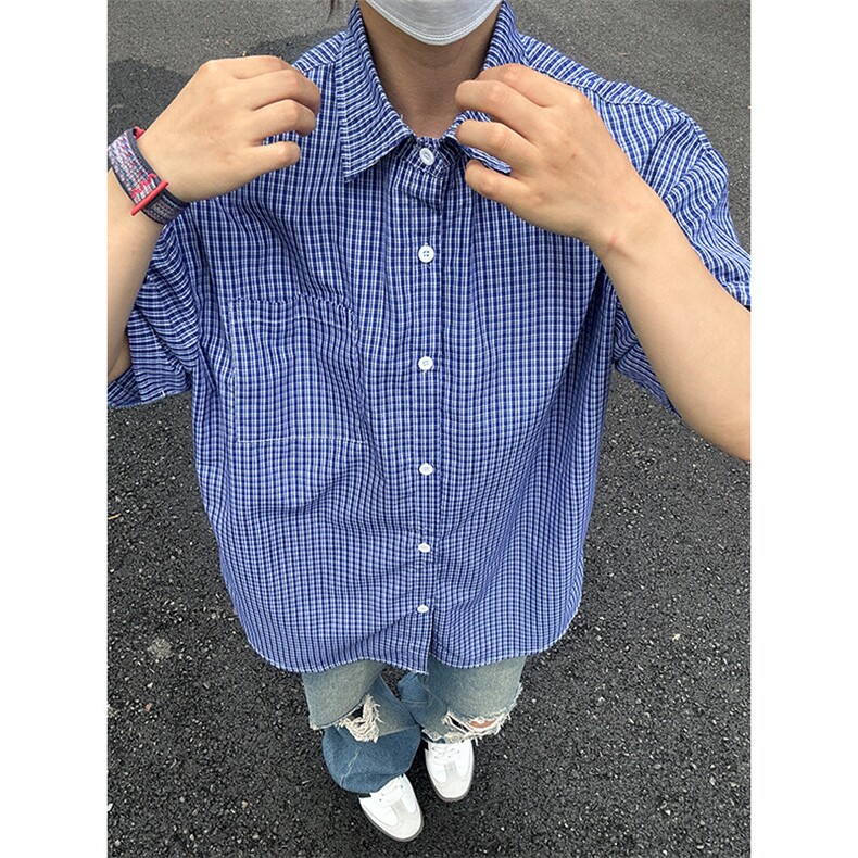 格子衬衫春夏美式短袖衬衫港风情侣装休闲衬衣 CS286-P30图片