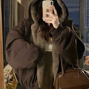 美式复古座山雕短款连帽毛领棉服女冬派克服棉衣外套2025图片