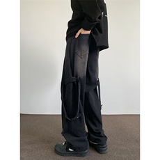 解构飘带水洗工装牛仔裤男高街美式直筒阔腿长裤1001-1-G1645-P55，男装牛仔裤，星座1001-1