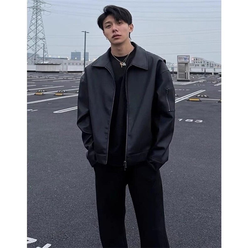 cleanfit黑色美式痞帅皮衣外套男春季短款高级感机车服潮牌皮夹克图片