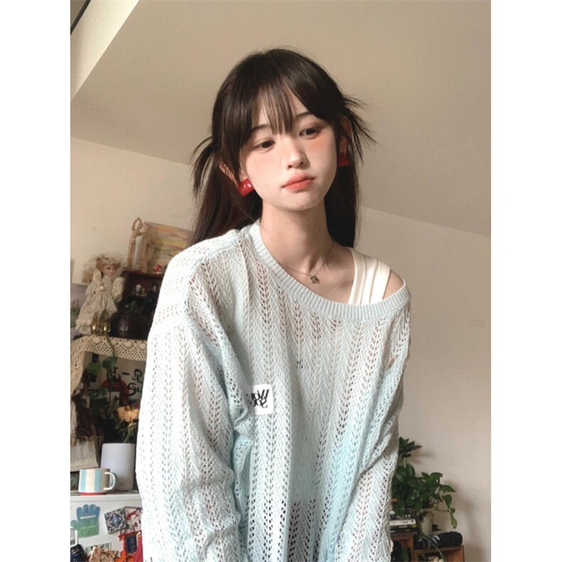 【网图有货】镂空破坏防晒罩衫女薄款针织长袖t恤CX001CC-特P45图片