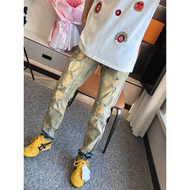 1506-1/KT821/P49涂鸦破洞牛仔裤男夏季潮牌ins高街痞帅修身百搭，男装牛仔裤，星座1506-1
