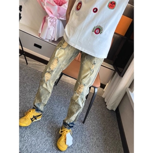 1506-1/KT821/P49涂鸦破洞牛仔裤男夏季潮牌ins高街痞帅修身百搭,男装牛仔裤,星座1506-1