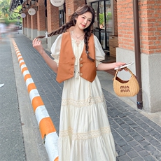 提花灯笼袖森系拉链长裙连衣裙显瘦夏季中长款夏装气质洋气时尚，女装套装/套裙，浙宝305