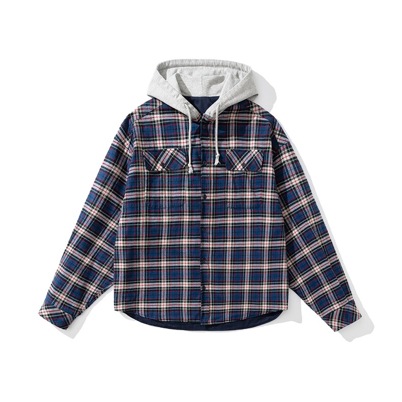 白底连帽格子衬衫男大码M-5XL.100%棉帽子100%聚酯纤维CS77918P60，男装衬衫，星座227-7