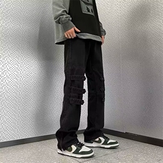 美式高街vibe水洗开叉直筒牛仔裤日常长裤中腰青少年无弹潮6020，男装休闲裤，星座506