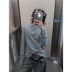 网图美式复古秋季新款亨利领简约长袖肌理线条感休闲T恤男P38，男装T恤，电商C306-1