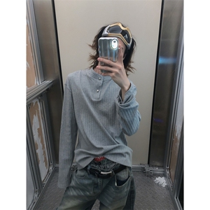 网图 美式复古秋季新款亨利领简约长袖肌理线条感休闲T恤男 P38图片