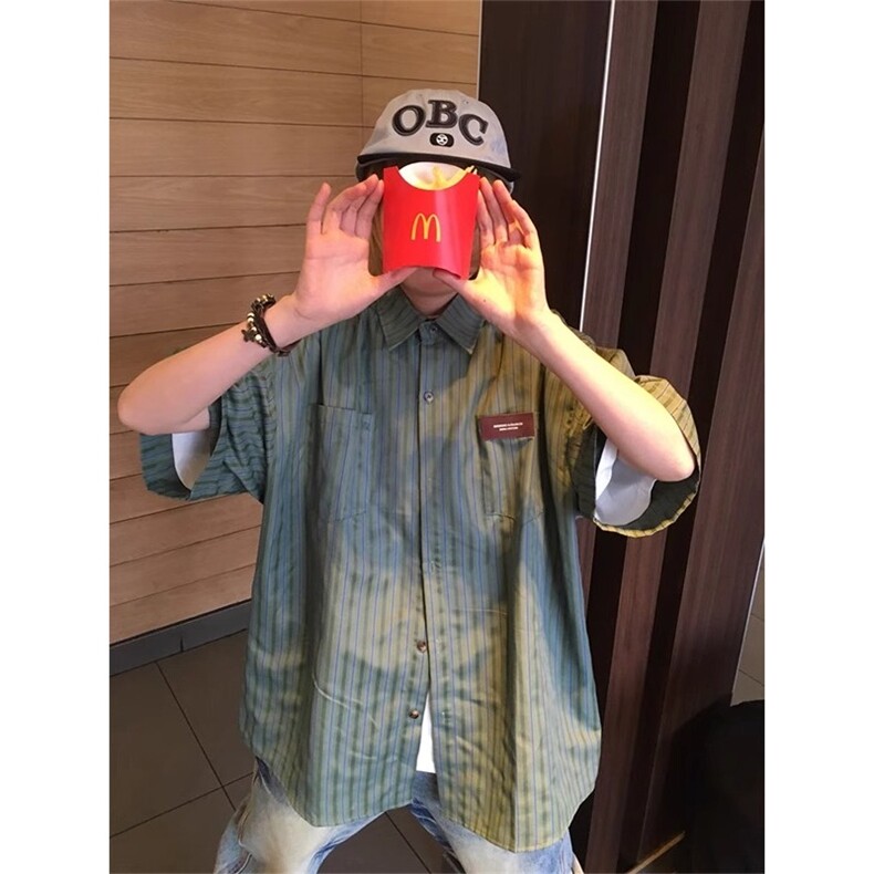美式复古绿色条纹短袖衬衫男夏季潮牌高级感情侣衬衣宽松痞帅外套,男装T恤,星座506A