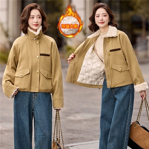 拼毛绒派克羽绒服女2025冬季新款小个子超好看洋气短款白鸭绒外套图片