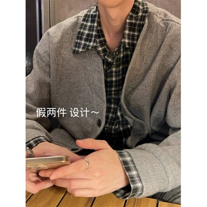【005】5假两件新款拼接衬衫外套开衫针织毛衣A079-A266-P75图片