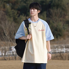 抖音得物高品质二开240克宽松纯棉美式潮牌插肩袖拼接短袖T恤，男装T恤，电商A486-1