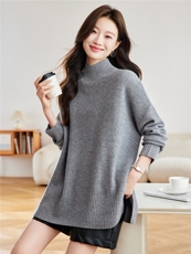 慵懒风高领毛衣女宽松中长款灰色针织羊毛衫秋冬2025加厚保暖内搭，女装羊毛衫，艾米