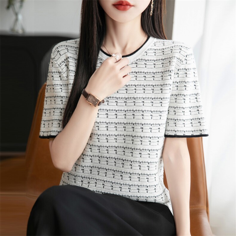 夏季纯棉针织短袖T恤女圆领小香风拼色提花上衣宽松半袖打底,女装T恤,秋双羊绒