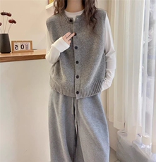 灰色圆领毛衣马甲女开衫秋冬新款羊毛百搭叠穿坎肩针织背心上衣，女装针织衫/毛衣，浩新羊绒