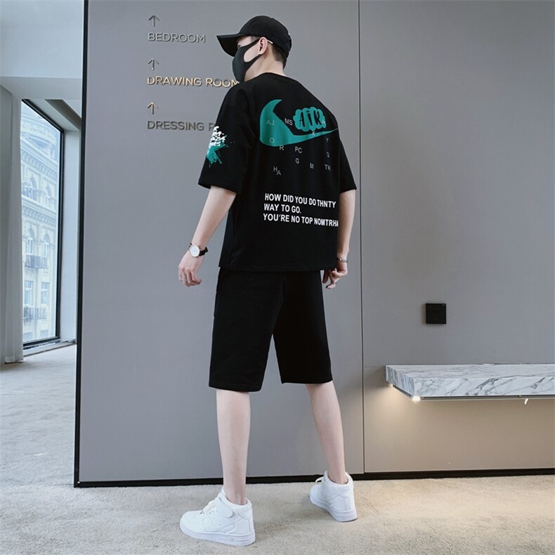 夏季新款短袖T恤套装青少年宽松潮流两件套男装F310P58图片