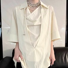 街拍辣妹露脐高腰短袖T恤女设计感不规则下摆褶皱体恤短宽松上衣，男装T恤，星座506A