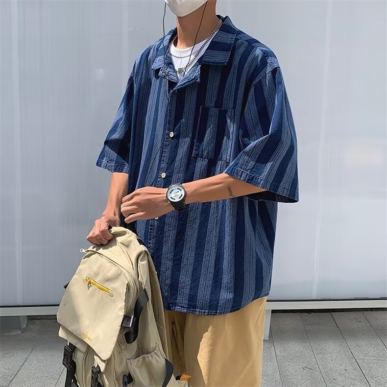 标准气质潮五分袖时尚简约青春流行新款条纹牛仔衬衫JQC03P60,男装衬衫,星座1116-2