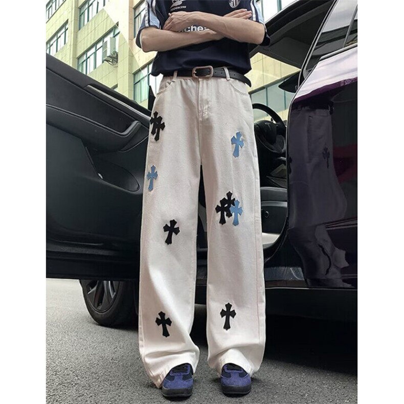 十字架贴皮牛仔裤男女微喇直筒ins宽松阔腿拖地弯刀长裤KC1155,男装皮裤,星座1116A（原606A-3）