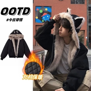网图猫耳朵座山雕棉服男款冬季加绒加厚美式连帽外套MYR310-特P90图片