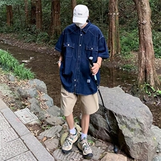 明线工装牛仔衬衫5分短袖日系廓形设计衬衣男女夏季薄外套-CS005，男装衬衫，星座601-2