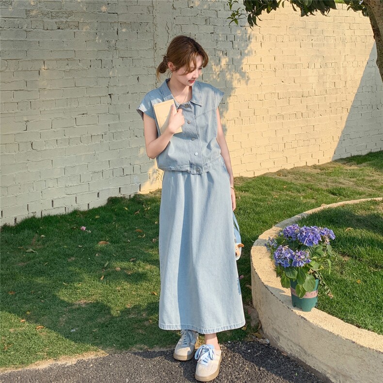 浅蓝色复古牛仔套装裙女2025夏季一整套ootd穿搭减龄半身裙两件套,女装套装/套裙,2C159