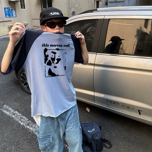 抖音得物高品质二开240克宽松纯棉美式潮牌插肩袖拼接短袖T恤图片