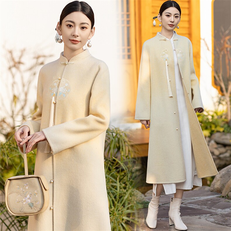 新中式国风双面羊毛大衣女2024春秋新款高端刺绣禅意汉服毛呢外套，女装毛呢外套，芷墨服饰