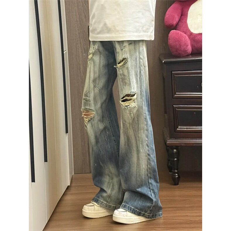 ！美式复古脏脏水洗破洞宽松牛仔裤,男装牛仔裤,星座617C