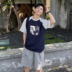 抖音得物高品质二开240克宽松纯棉美式潮牌插肩袖拼接短袖T恤，男装T恤，电商A486