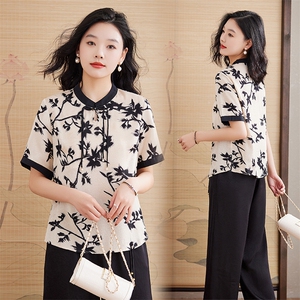 时尚优雅别致设计感新中式清新透气小衫百搭2025,女装蕾丝衫/雪纺衫,媚琳依坊