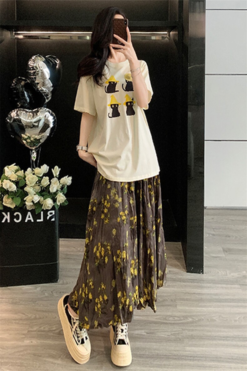 潮流时尚套装女夏新款简约甜美圆领短袖上衣黄花色碎花长裙两件套,女装套装/套裙,江南