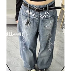 复古直筒重工牛仔裤子女辣妹字母烫钻阔腿休闲拖地裤NS753，男装牛仔裤，星座1116A（原606A-3）