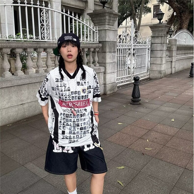 2025夏季潮牌拼接网面透气球衣短袖男女美式复古vibe宽松情侣T恤,男装T恤,星座506A