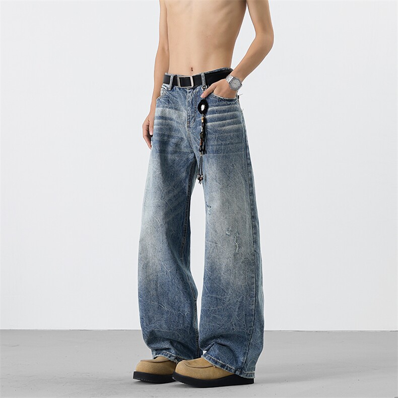 美式潮牌做旧阔腿弯刀水洗高街直筒牛仔裤221-5/K1966/P53，男装牛仔裤，星座221-5