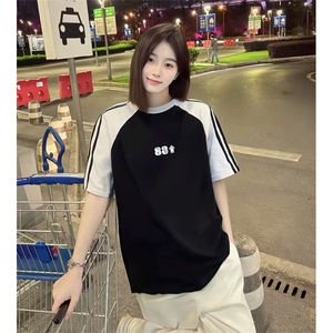 抖音得物品质二开240克宽松纯棉美式潮牌插肩三杠织带短袖T恤图片