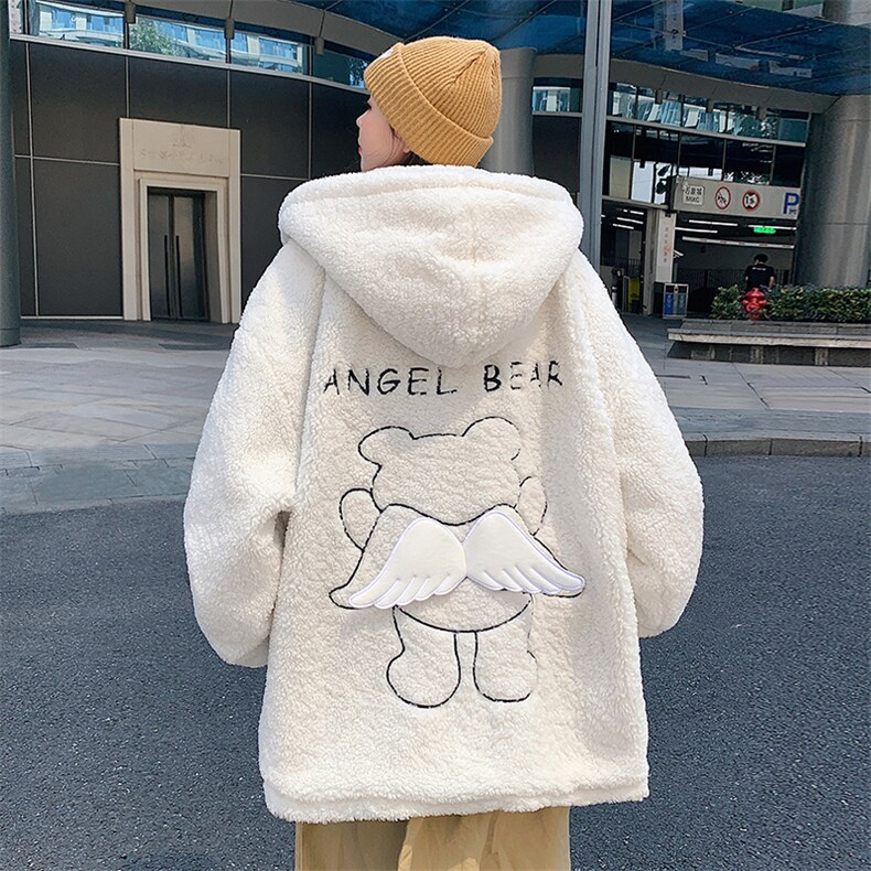 冬季新款宽松小飞熊刺绣羊羔毛棉服连帽情侣棉衣A125-1009-P120，男装棉衣，电商A125