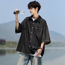 8XL-M冰丝牛仔短袖衬衫男款夏季薄款宽松慵懒衬衣外套DC28006P60，男装T恤，电商B312
