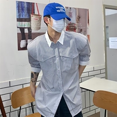 小众拼色条纹衬衫长袖痞帅上衣韩版潮流休闲衬衣-CS820-网络图，男装衬衫，星座1002-2
