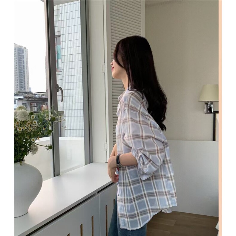 实价蓝色格子衬衫女2025早春外搭设计感小众时尚外穿衬衣夏季外套,男装衬衫,星座506A